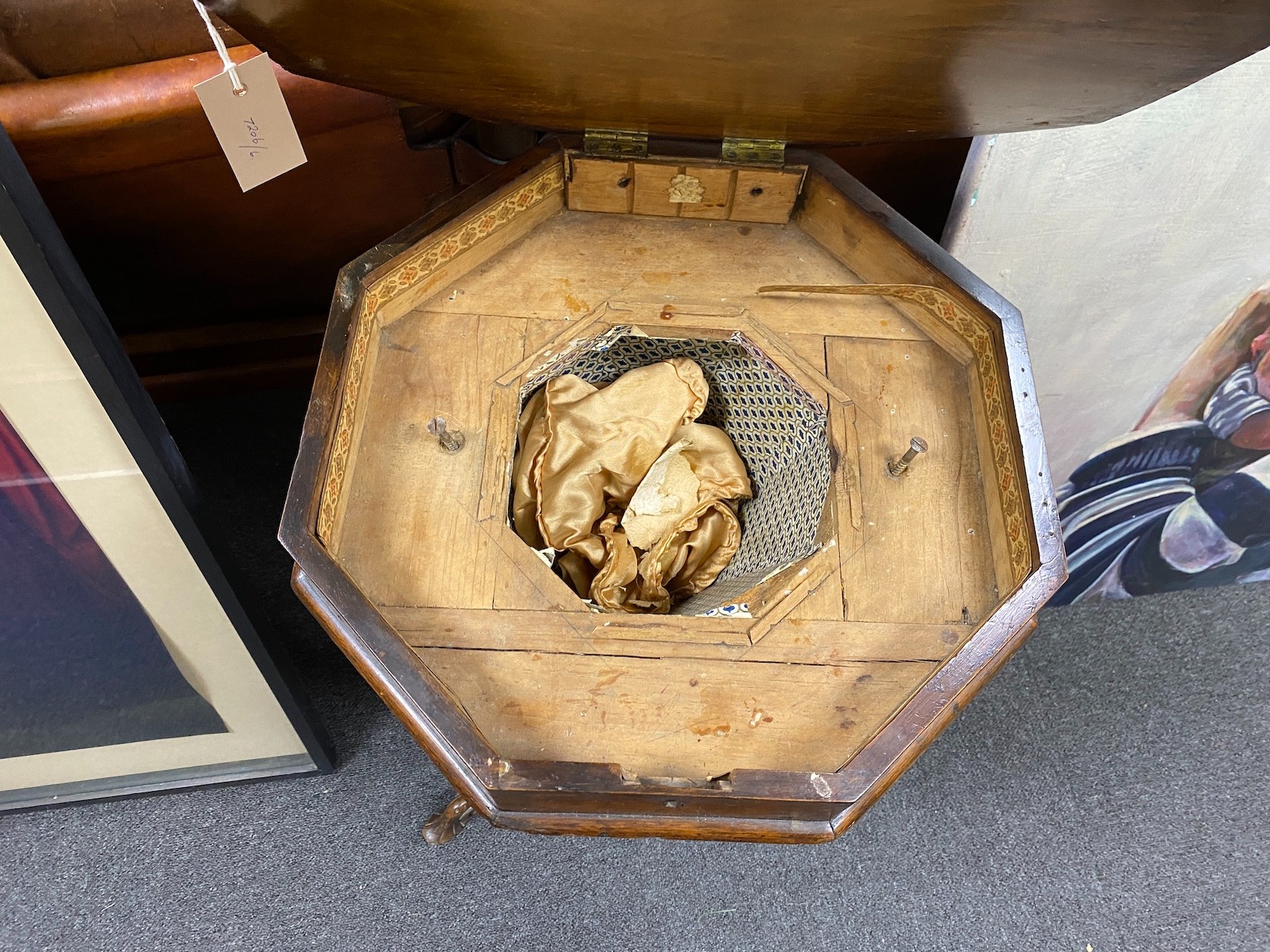 A Victorian inlaid walnut octagonal trumpet work table, width 40cm, height 72cm